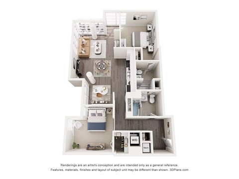 A 3D floor plan of a small apartment with a kitchen, living room, and bathroom.
